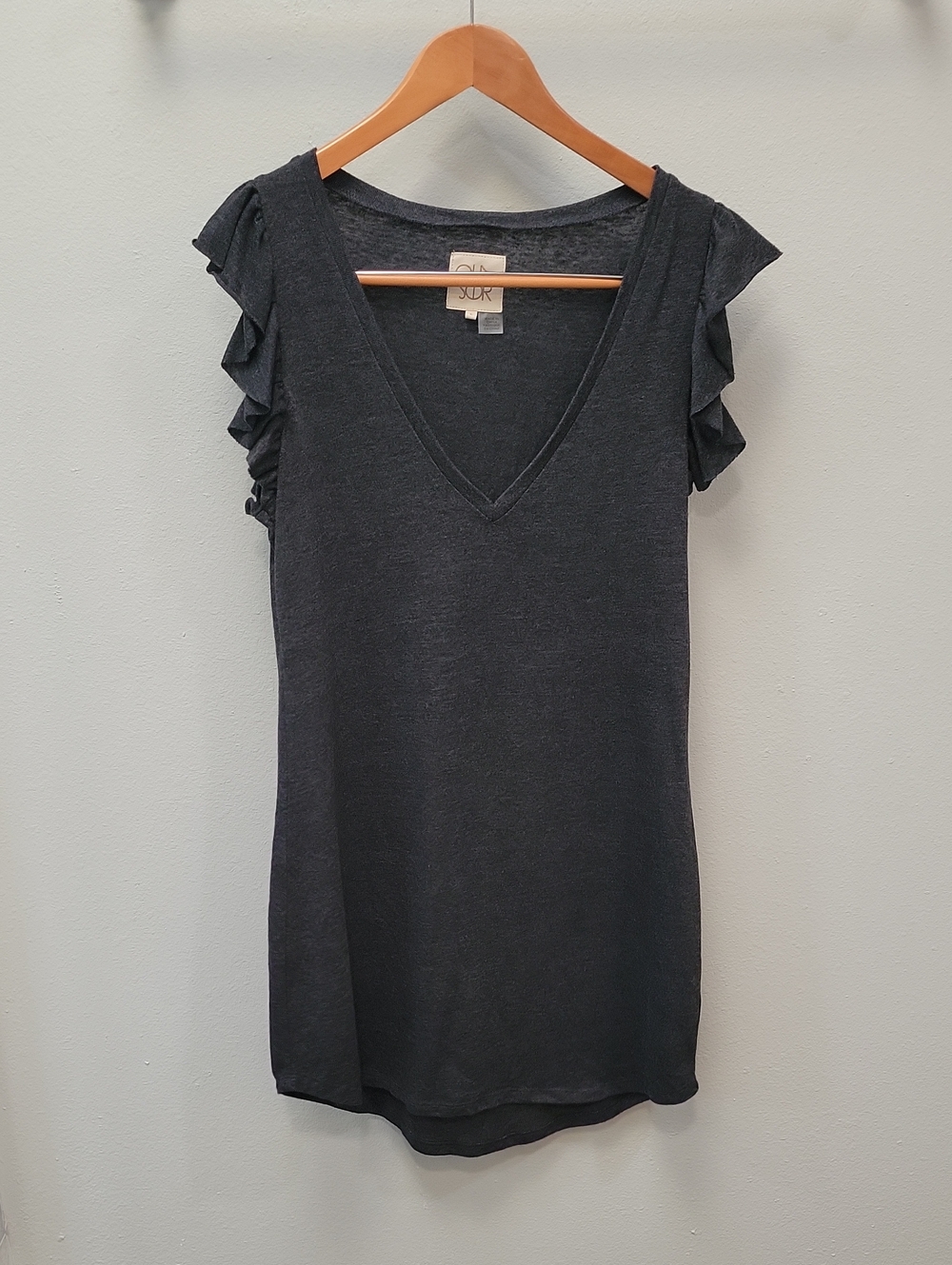 Chaser Charcoal V-Neck Tank with Ruffle Sleeves
